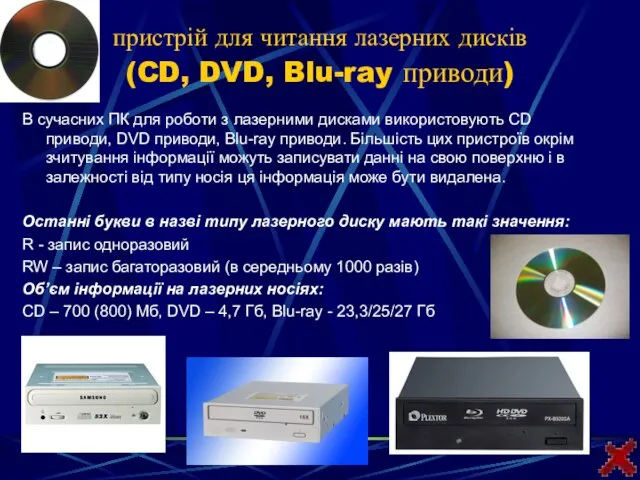 пристрій для читання лазерних дисків (CD, DVD, Blu-ray приводи) В сучасних ПК для