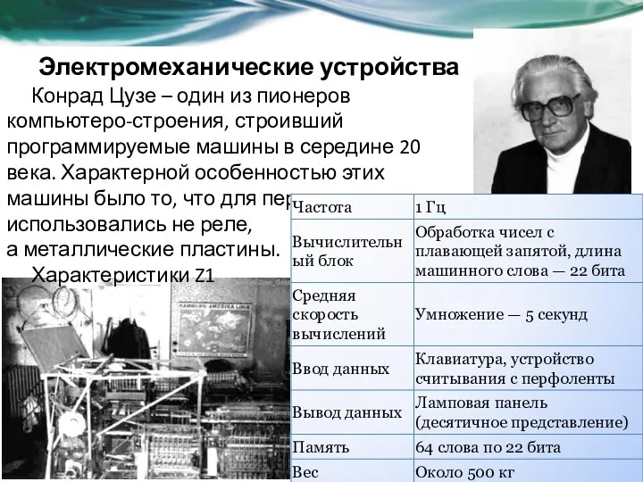 Электромеханические устройства Конрад Цузе – один из пионеров компьютеро-строения, строивший