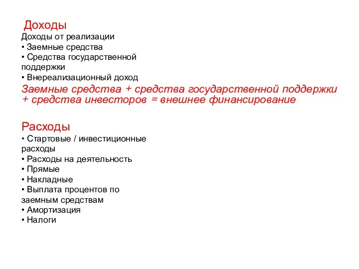 45 Доходы Доходы от реализации • Заемные средства • Средства государственной поддержки •