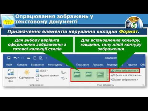 Опрацювання зображень у текстовому документі Розділ 3 § 3.5 Призначення елементів керування вкладки