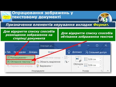 Опрацювання зображень у текстовому документі Розділ 3 § 3.5 Призначення елементів керування вкладки