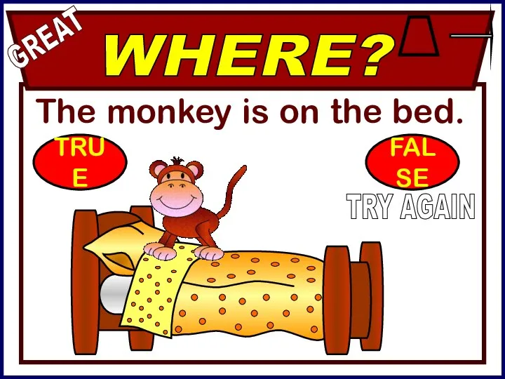 The monkey is on the bed. WHERE? GREAT TRY AGAIN TRUE FALSE