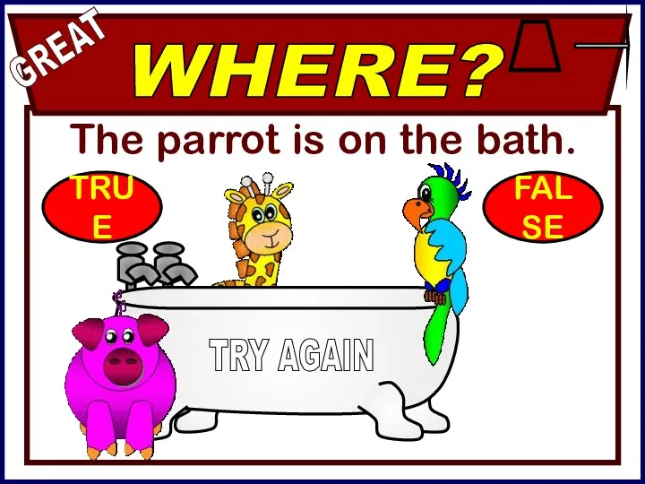 The parrot is on the bath. WHERE? GREAT TRY AGAIN TRUE FALSE