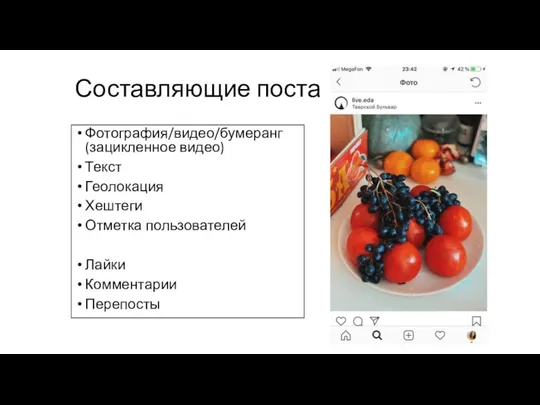 Составляющие поста Фотография/видео/бумеранг (зацикленное видео) Текст Геолокация Хештеги Отметка пользователей Лайки Комментарии Перепосты