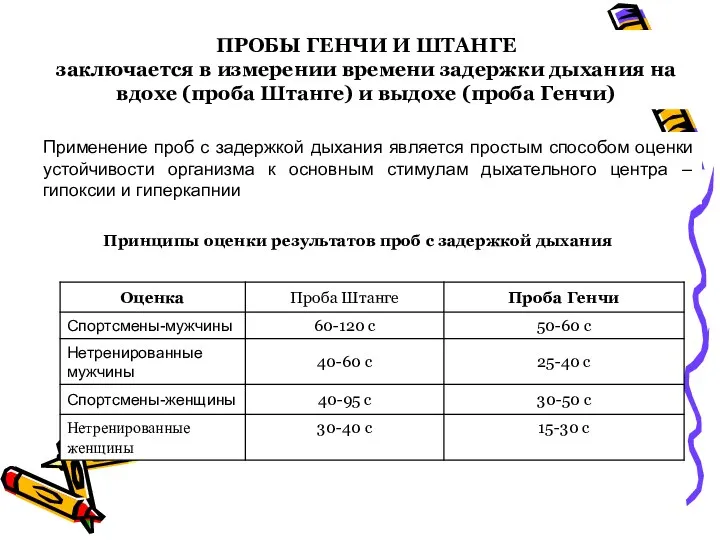 ПРОБЫ ГЕНЧИ И ШТАНГЕ заключается в измерении времени задержки дыхания