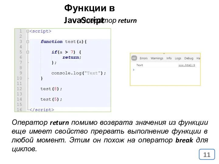 Оператор return Функции в JavaScript Оператор return помимо возврата значения из функции еще