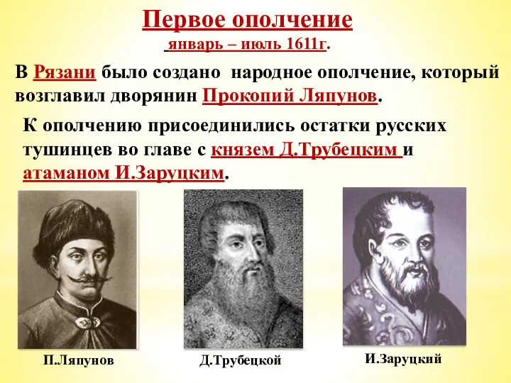 Первое ополчение январь – июль 1611г. В Рязани было создано