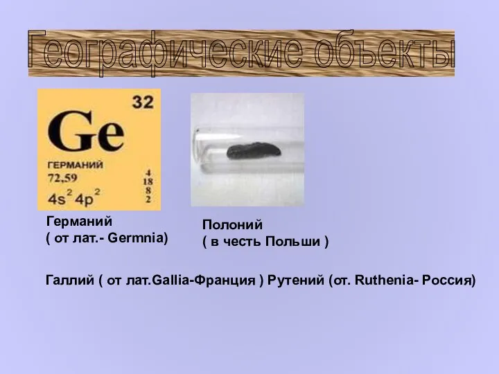 Географические объекты Германий ( от лат.- Germnia) Полоний ( в