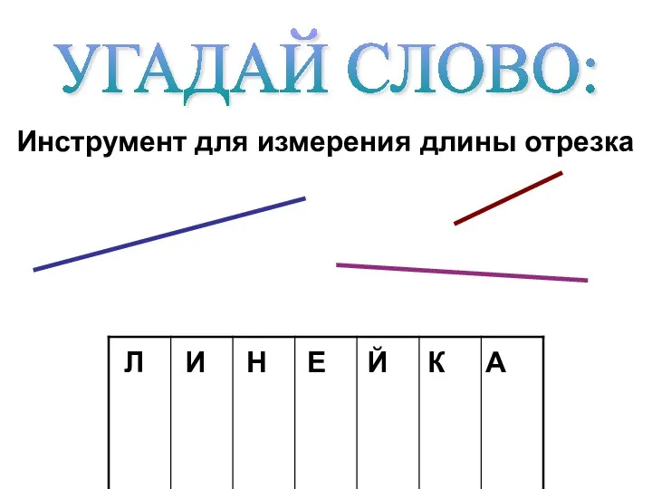 УГАДАЙ СЛОВО: Инструмент для измерения длины отрезка Л И Н Е Й К А