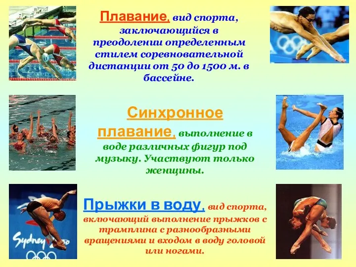 Плавание, вид спорта, заключающийся в преодолении определенным стилем соревновательной дистанции от 50 до