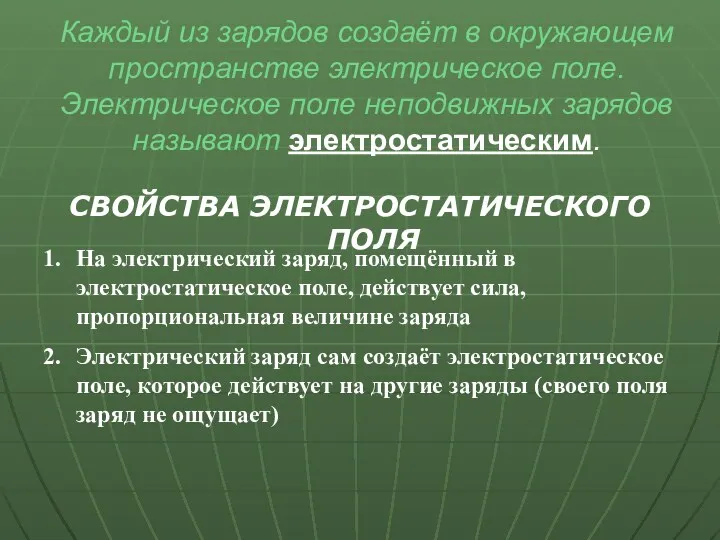 Каждый из зарядов создаёт в окружающем пространстве электрическое поле. Электрическое