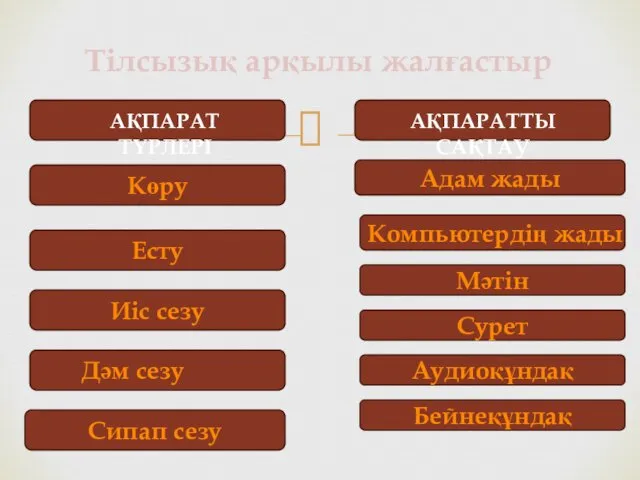 Тілсызық арқылы жалғастыр АҚПАРАТ ТҮРЛЕРІ АҚПАРАТТЫ САҚТАУ Көру Адам жады