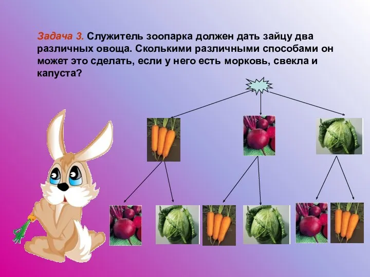 Задача 3. Служитель зоопарка должен дать зайцу два различных овоща.