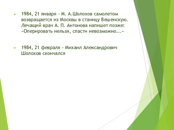 1984, 21 января - М. А.Шолохов самолетом возвращается из Москвы