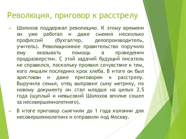 Революция, приговор к расстрелу Шолохов поддержал революцию. К этому времени