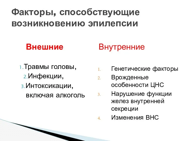 Факторы, способствующие возникновению эпилепсии Внешние Травмы головы, Инфекции, Интоксикации, включая