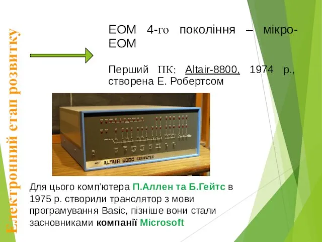 Електронний етап розвитку ЕОМ 4-го покоління – мікро-ЕОМ Перший ПК: