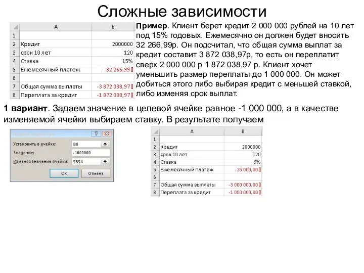 Сложные зависимости Пример. Клиент берет кредит 2 000 000 рублей
