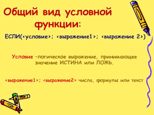 Общий вид условной функции: ЕСЛИ( ; ; ) Условие –логическое выражение, принимающее значение