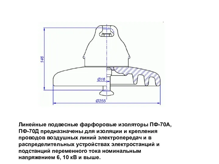 Линейные подвесные фарфоровые изоляторы ПФ-70А, ПФ-70Д предназначены для изоляции и