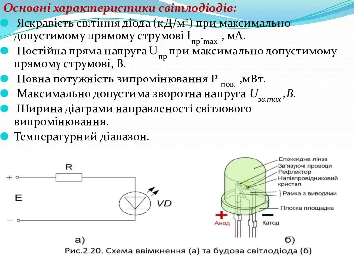 Основні характеристики світлодіодів: Яскравість світіння діода (кД/м2) при максимально допустимо­му