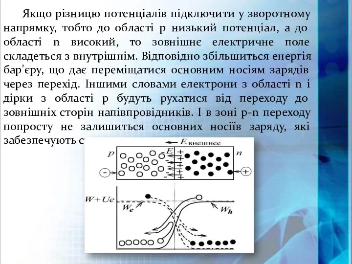 Якщо різницю потенціалів підключити у зворотному напрямку, тобто до області