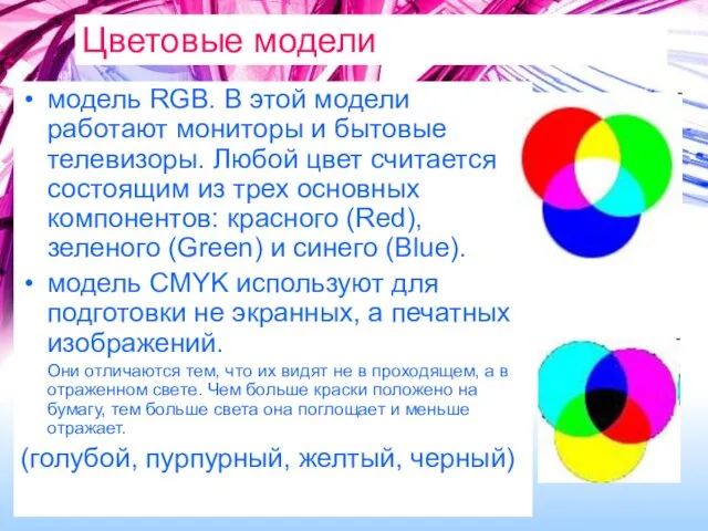 Цветовые модели модель RGB. В этой модели работают мониторы и