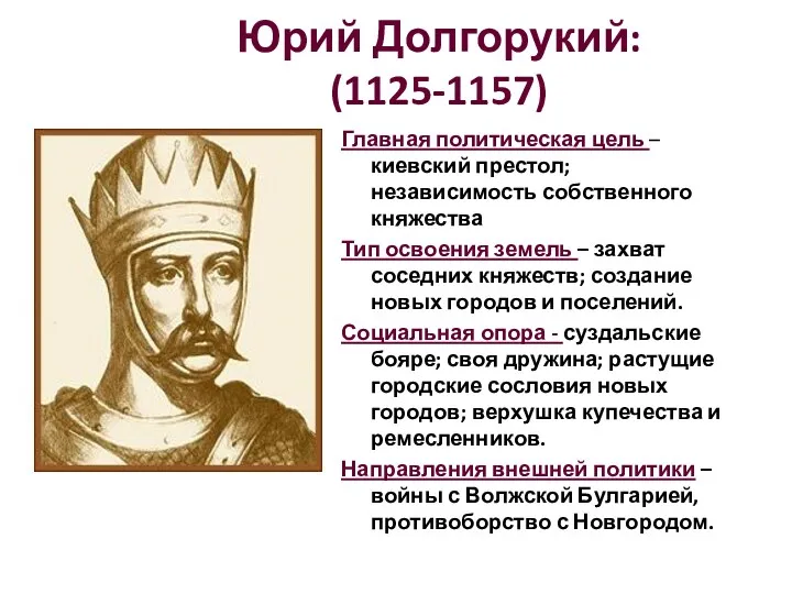 Юрий Долгорукий: (1125-1157) Главная политическая цель – киевский престол; независимость