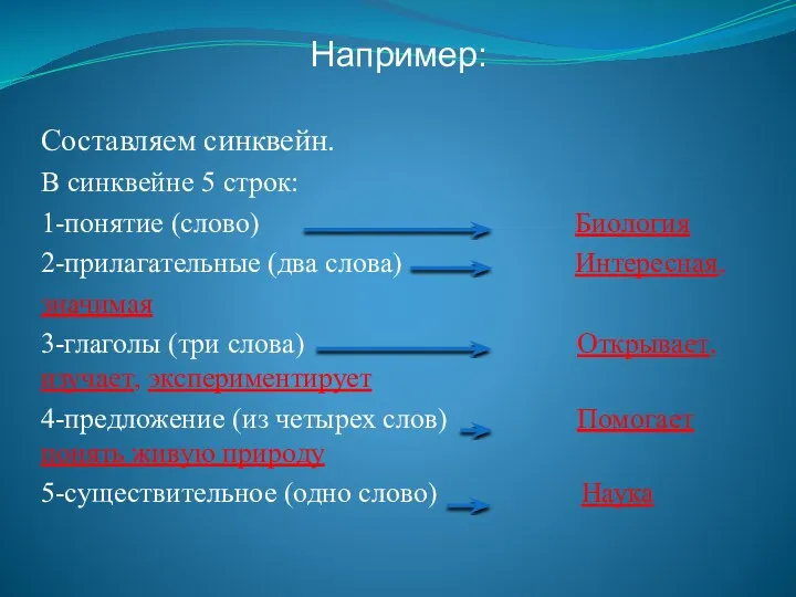 Например: Составляем синквейн. В синквейне 5 строк: 1-понятие (слово) Биология