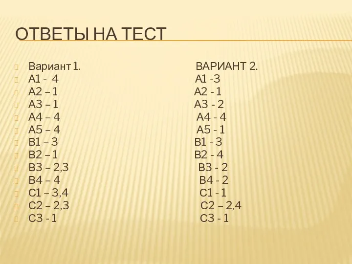 ОТВЕТЫ НА ТЕСТ Вариант 1. ВАРИАНТ 2. А1 - 4