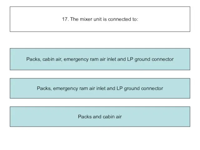 17. The mixer unit is connected to: Packs, emergency ram