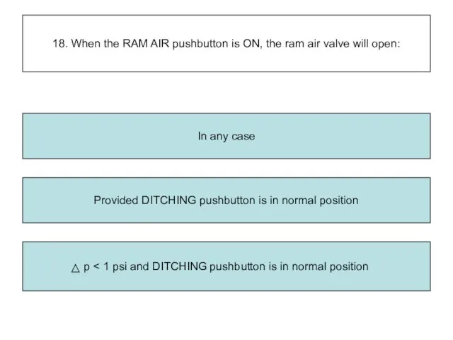 18. When the RAM AIR pushbutton is ON, the ram air valve will