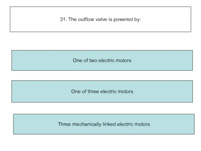 31. The outflow valve is powered by: Three mechanically linked electric motors One
