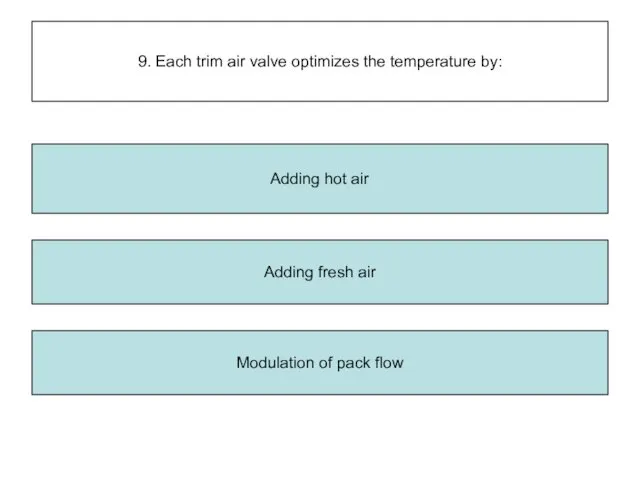 9. Each trim air valve optimizes the temperature by: Adding fresh air Modulation