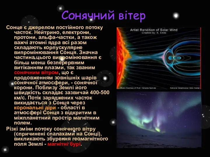 Сонячний вітер Сонце є джерелом постійного потоку часток. Нейтрино, електрони,