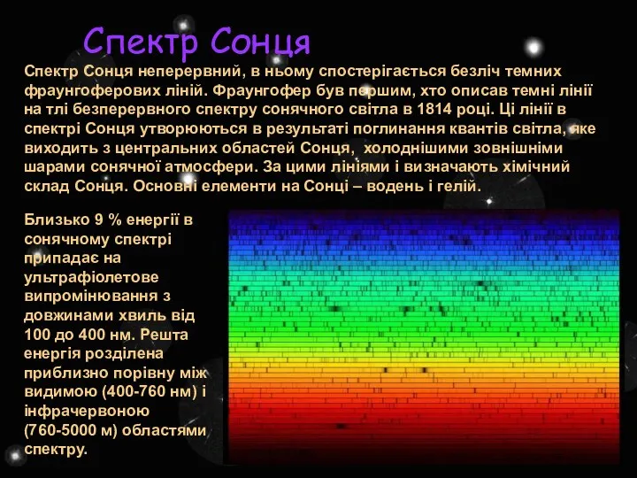 Спектр Сонця неперервний, в ньому спостерігається безліч темних фраунгоферових ліній.