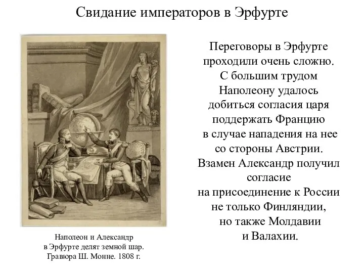 Свидание императоров в Эрфурте Переговоры в Эрфурте проходили очень сложно.