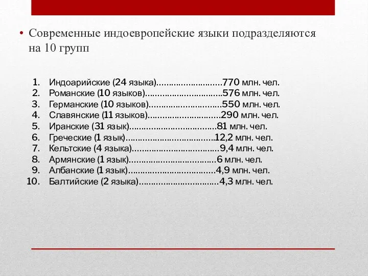 Современные индоевропейские языки подразделяются на 10 групп Индоарийские (24 языка)………………………770