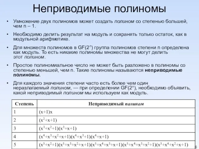 @ Рычкова А.А. Математические основы криптологии, 2013 Неприводимые полиномы Умножение