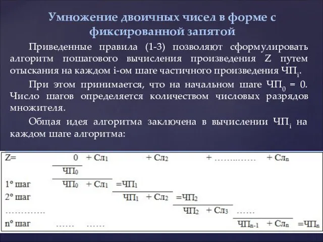 Приведенные правила (1-3) позволяют сформулировать алгоритм пошагового вычисления произведения Z