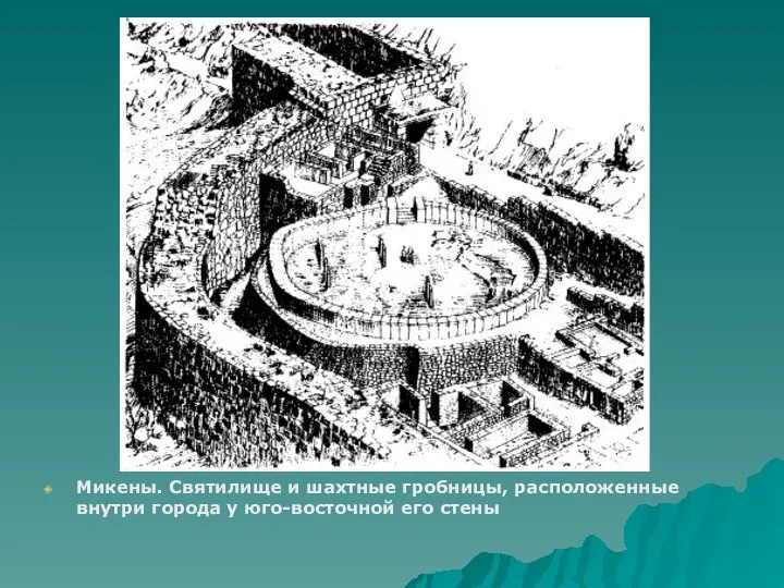 Микены. Святилище и шахтные гробницы, расположенные внутри города у юго-восточной его стены