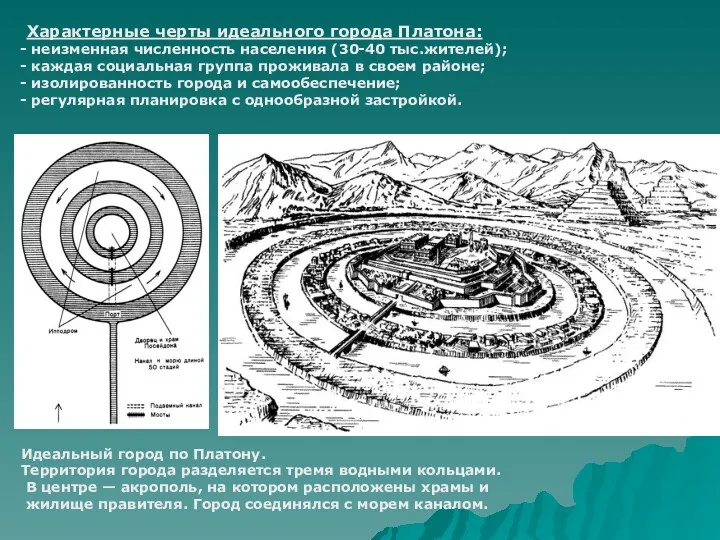 Идеальный город по Платону. Территория города разделяется тремя водными кольцами.