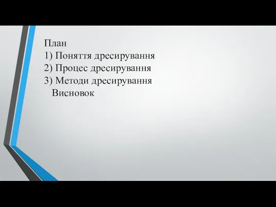 План 1) Поняття дресирування 2) Процес дресирування 3) Методи дресирування Висновок