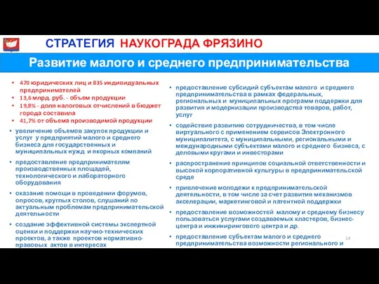 Развитие малого и среднего предпринимательства СТРАТЕГИЯ НАУКОГРАДА ФРЯЗИНО предоставление субсидий