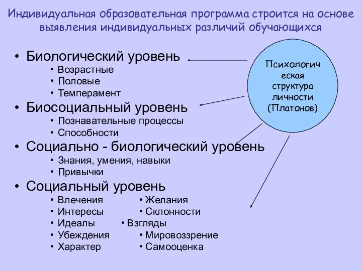 Биологический уровень Возрастные Половые Темперамент Биосоциальный уровень Познавательные процессы Способности