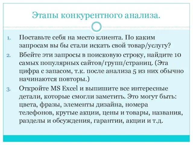 Этапы конкурентного анализа. Поставьте себя на место клиента. По каким запросам вы бы