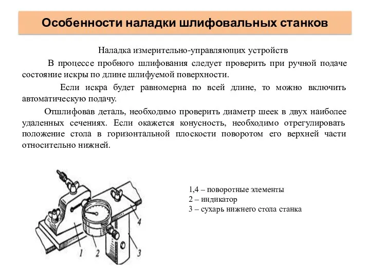 Особенности наладки шлифовальных станков Наладка измерительно-управляющих устройств В процессе пробного