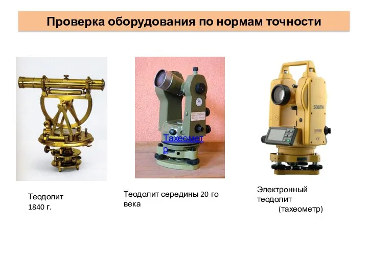 Проверка оборудования по нормам точности Теодолит 1840 г. Теодолит середины 20-го века Электронный теодолит (тахеометр) Тахеометр