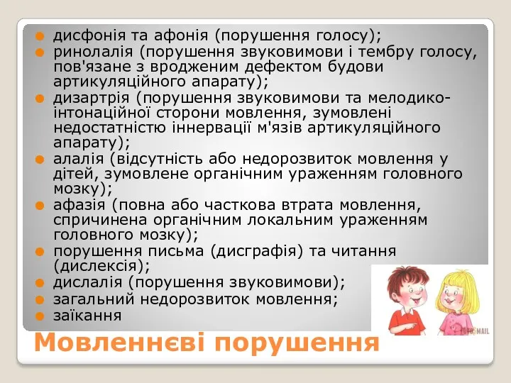 Мовленнєві порушення дисфонія та афонія (порушення голосу); ринолалія (порушення звуковимови