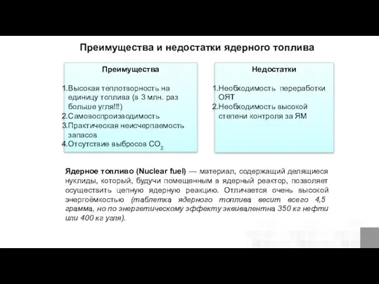 Преимущества и недостатки ядерного топлива Недостатки Необходимость переработки ОЯТ Необходимость